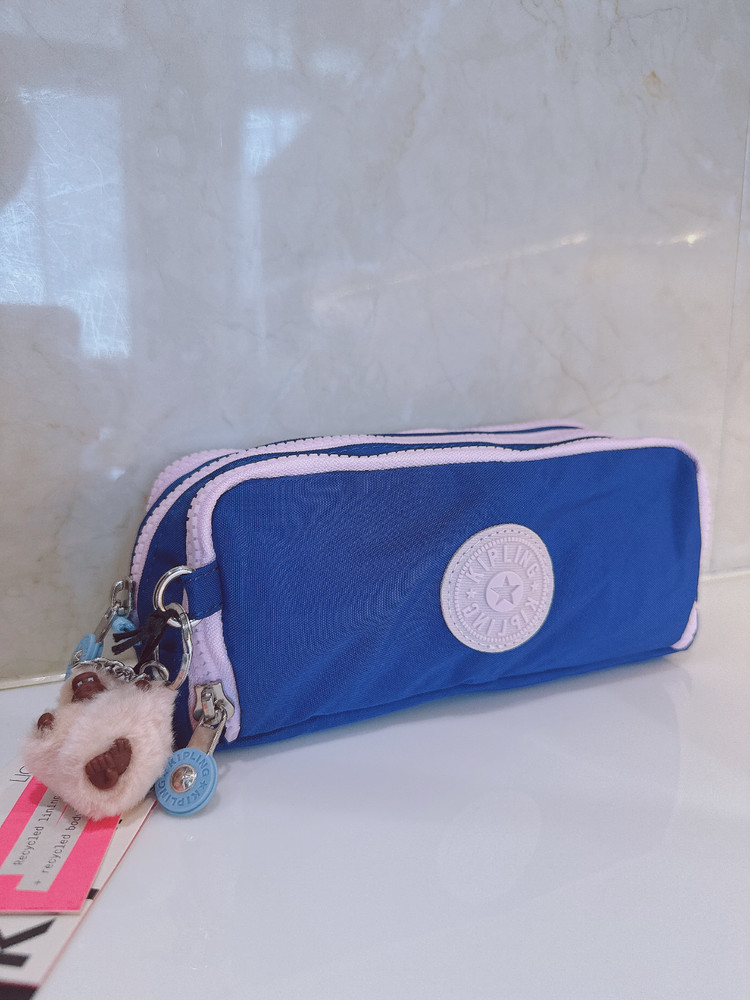 NEW Kipling Gitroy Pencil Case Cosmetic Case Blush blue Monkey Charm