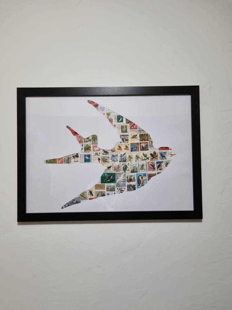 Birds postage stamp collage art frame