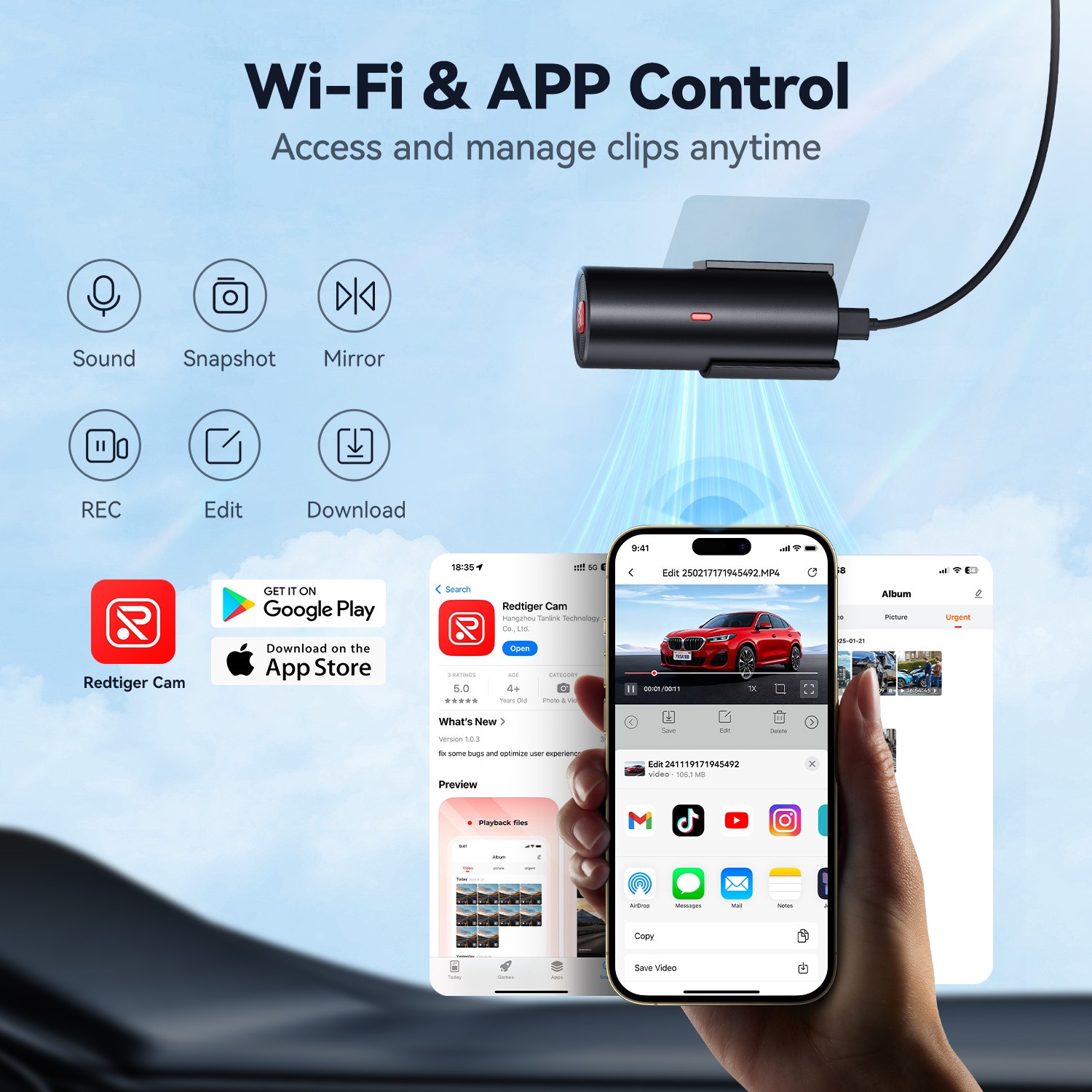 REDTIGER A1 4K Dash Cam WiFi APP Control Compact Mini Super Night Vision