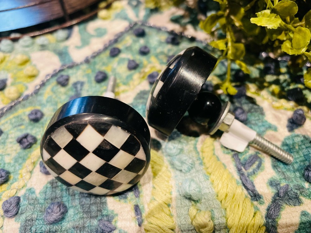 10; Courtly Check Cabinet Door knobs black white checkered Childs Pull Round