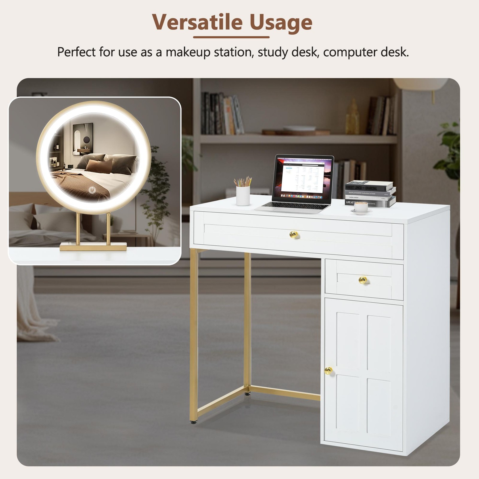Vinsetto 31.5" Makeup Vanity Desk with Lighted Mirror, White+Gold