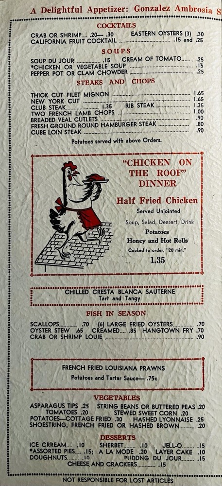 Vintage 1940s Leo’s Restaurant Menu With Chef’s Specials Insert