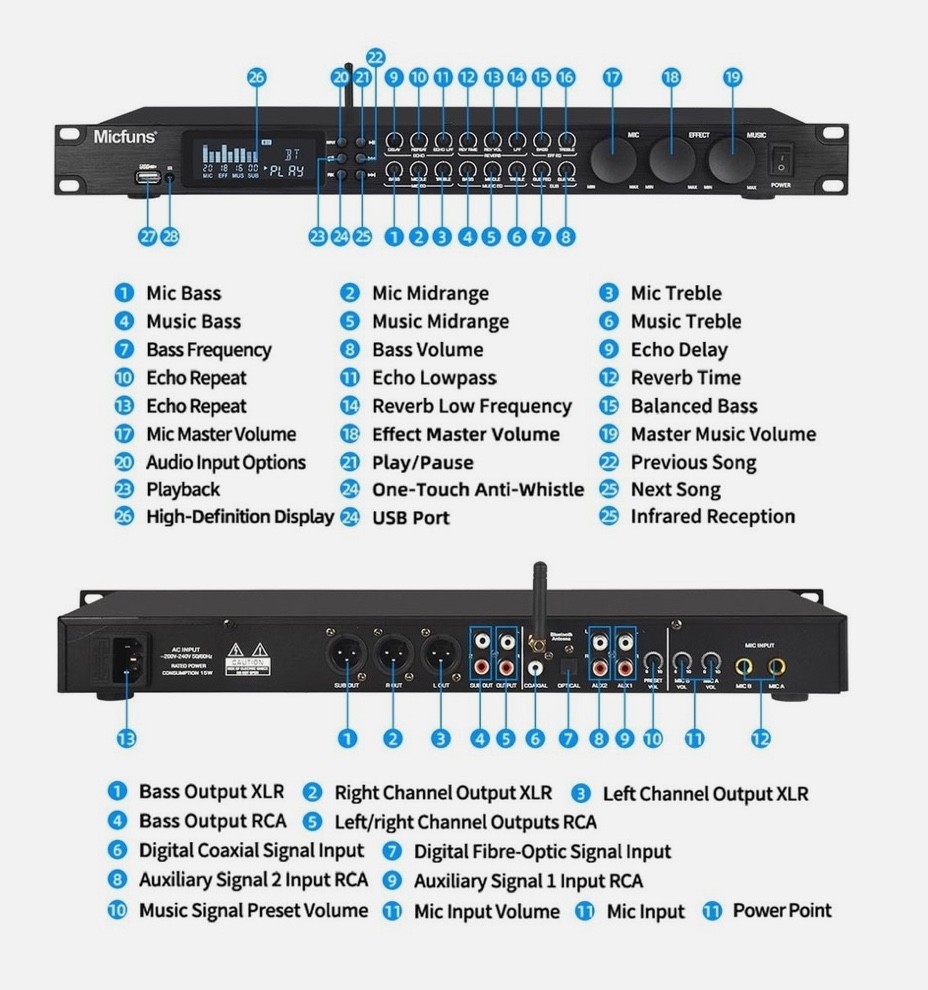 KT900DSP Feedback Suppressor Preamp Preamplifier Karaoke Effector Digital Pre...