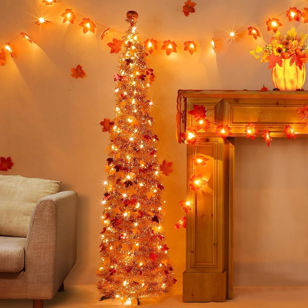 Timer & Pumpkin - 5 Ft Lighted Fall Tree Fall Decor, Fall Pop Up Tinsel Maples