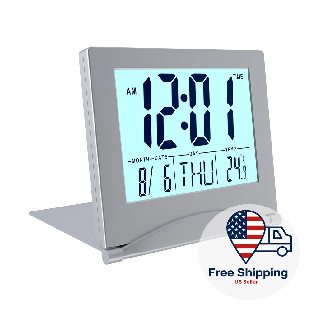 Digital Alarm Clock LCD Foldable Digital Desk Clock with Backlight - Grey