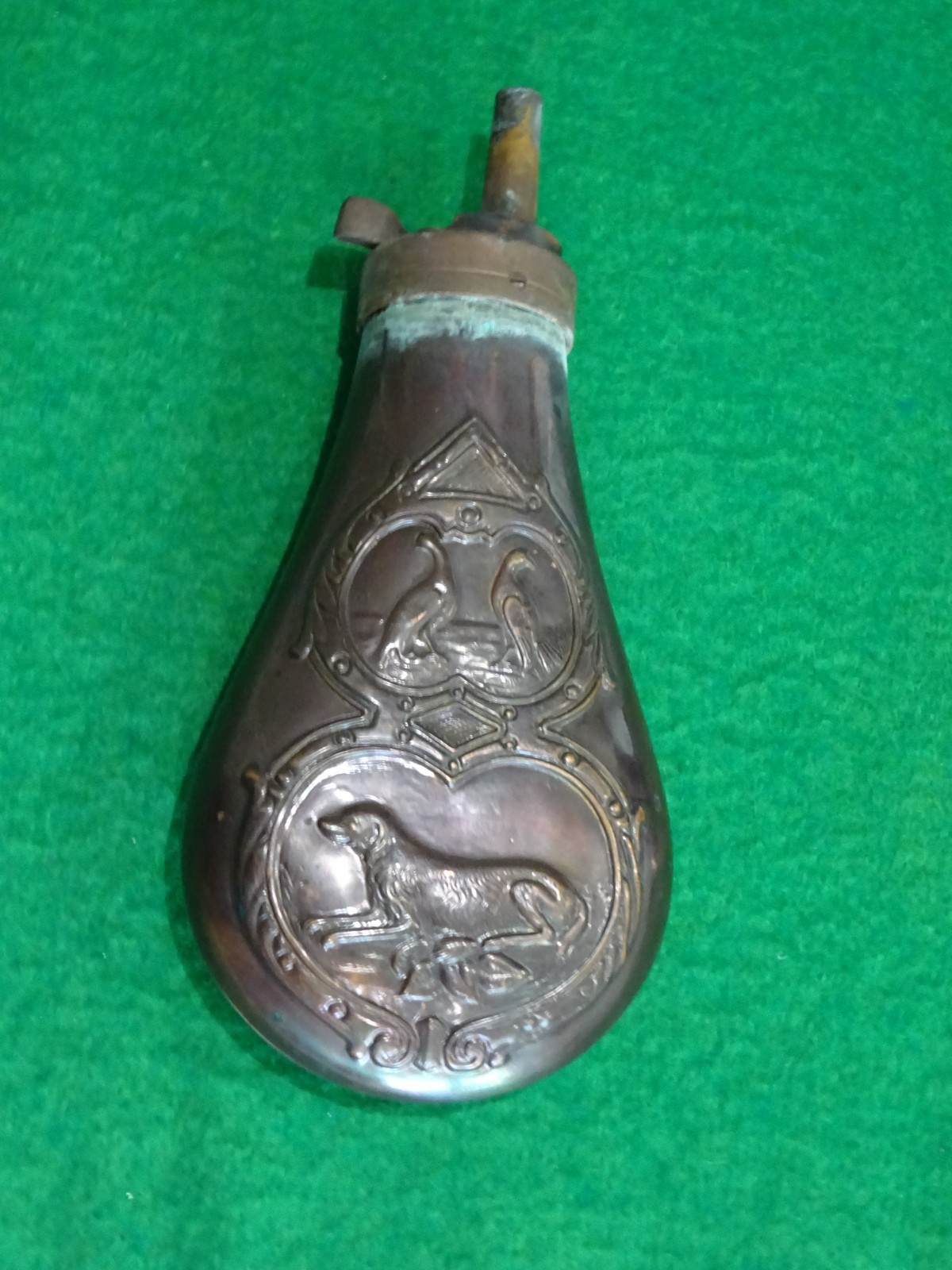 Nice Estate Copper Brass Gun Powder Flask Hunting Theme 6in