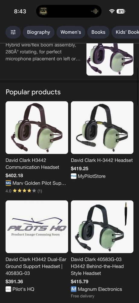 David Clark Model H3442 Aviation Intercom Headset Pair Left Right Communication