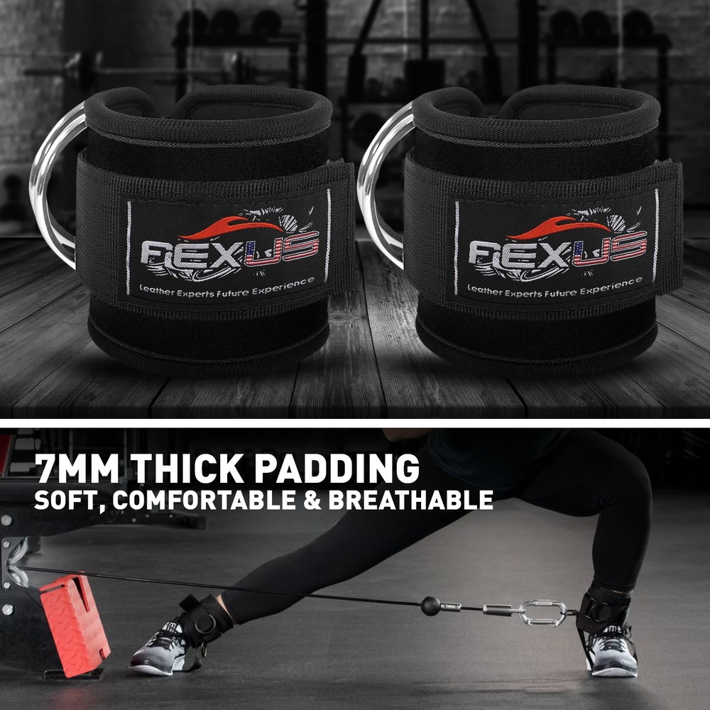 Gym Ankle Straps for Cable Machine – Adjustable Padded D-Ring Leg Workout Pair