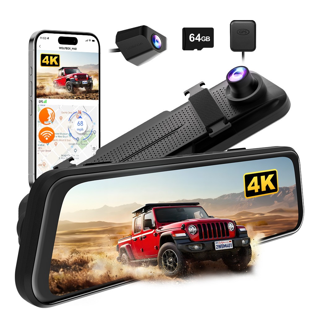 WOLFBOX M40 4K Mirror Dash Camera GPS Front and Rear View Dash Cam Touch Screen