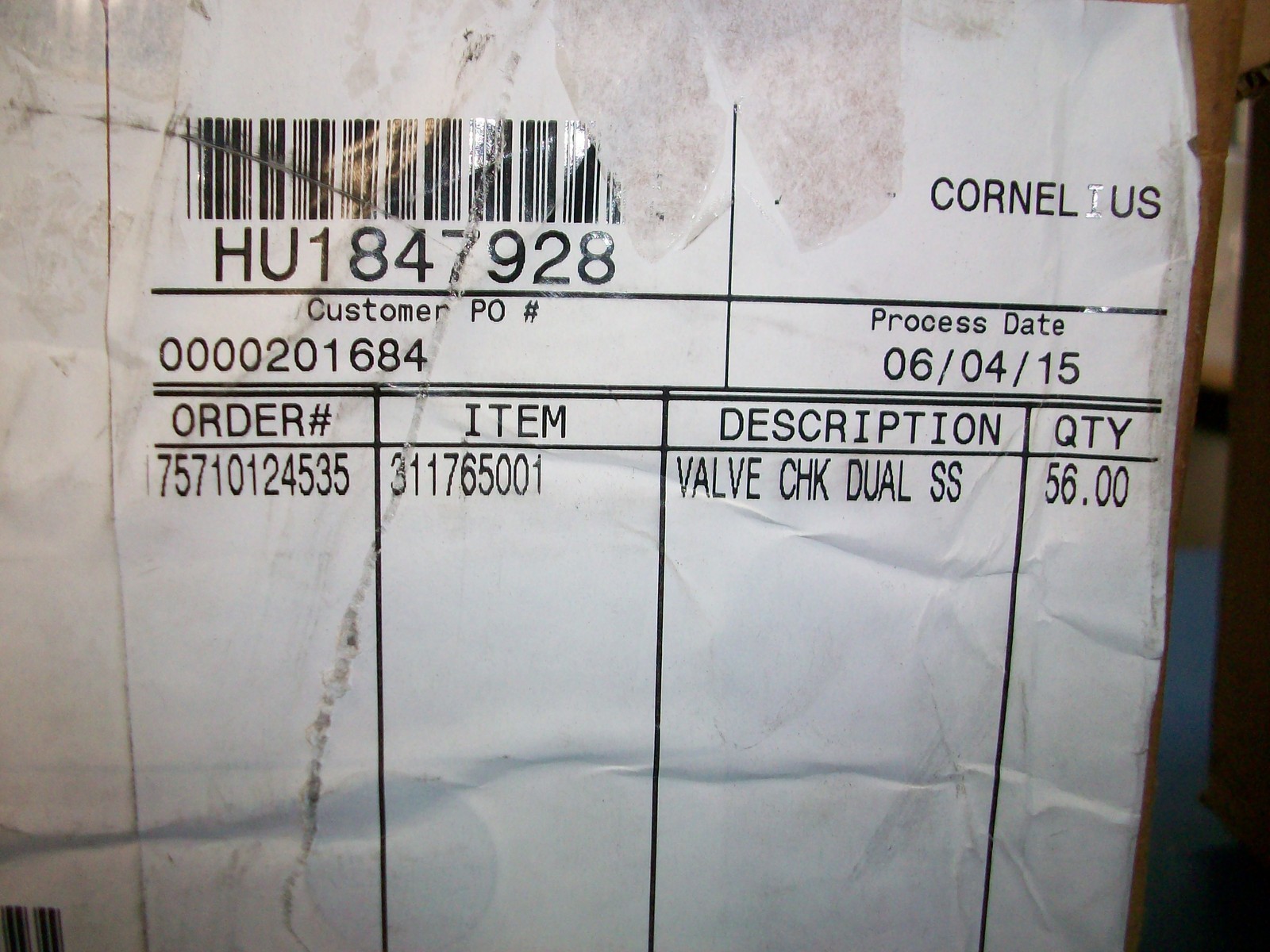 CHECK VALVE - CORNELIUS CHECK VALVE DUAL SS #311765001 - NEW - QTY. 1 PC.
