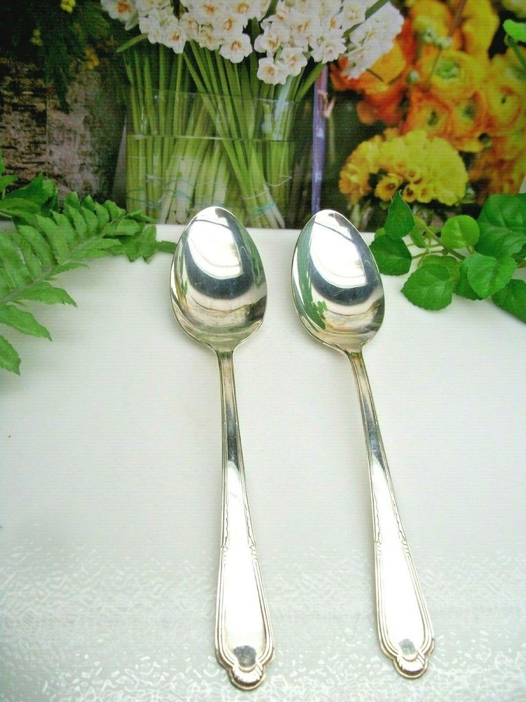 2   International Cunningham    LAUREL   Silverplate  Solid Serving Spoons  1934