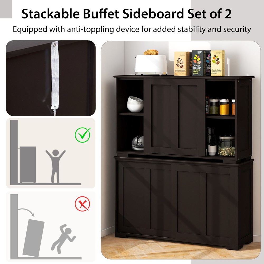 2PCS Stackable Buffet Sideboard w/ Sliding Doors & Adjustable Shelf Brown