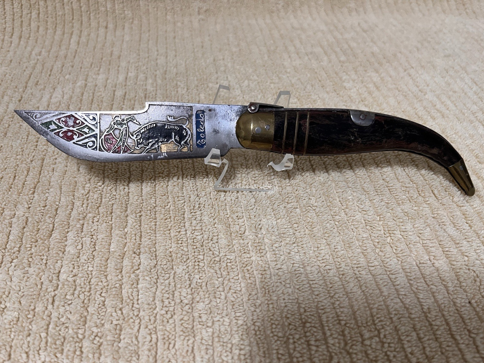 Rare Antique Spanish TOLEDO Color Etched Blade Horn Handle Knife