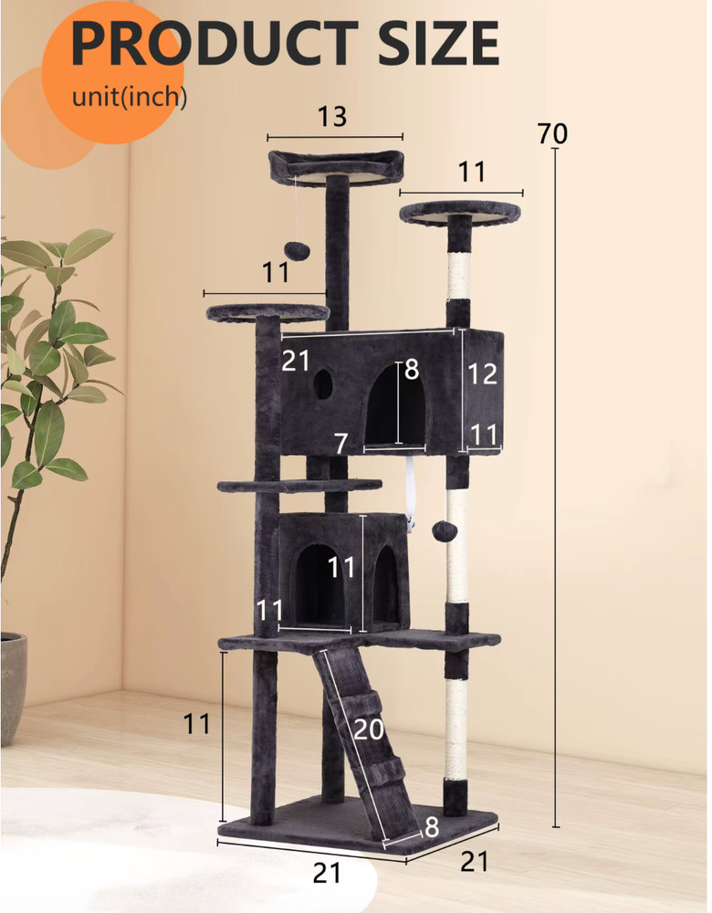 Cat Tree 54 Inch Cat Tower Cat Condo, Black, Cat Fun