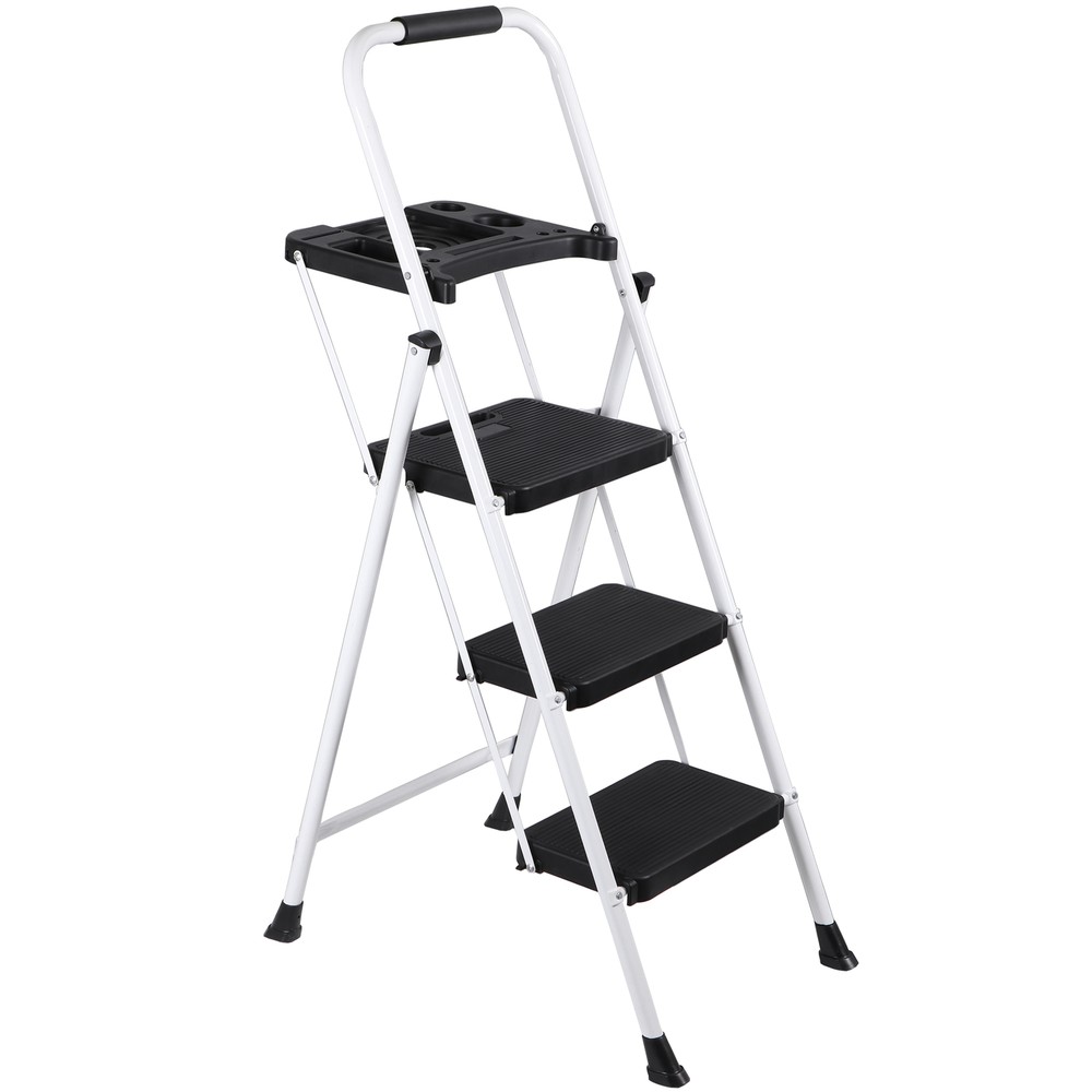 3 Step Ladder with Tool Platform Folding Step Stool with Anti-Slip Pedal White