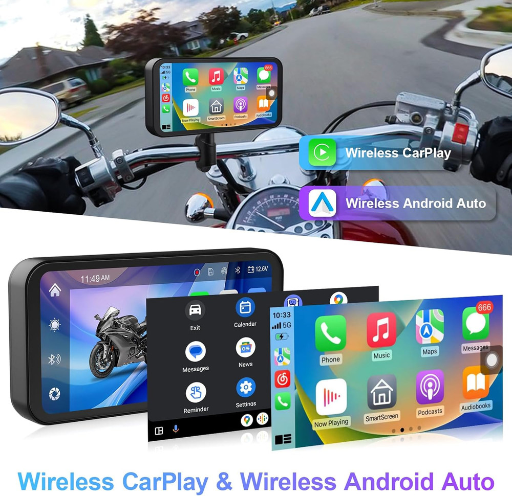 6.25" Motorcycle Dash Cam, Wireless Motorcycle Carplay & Android Auto Screen, Mo