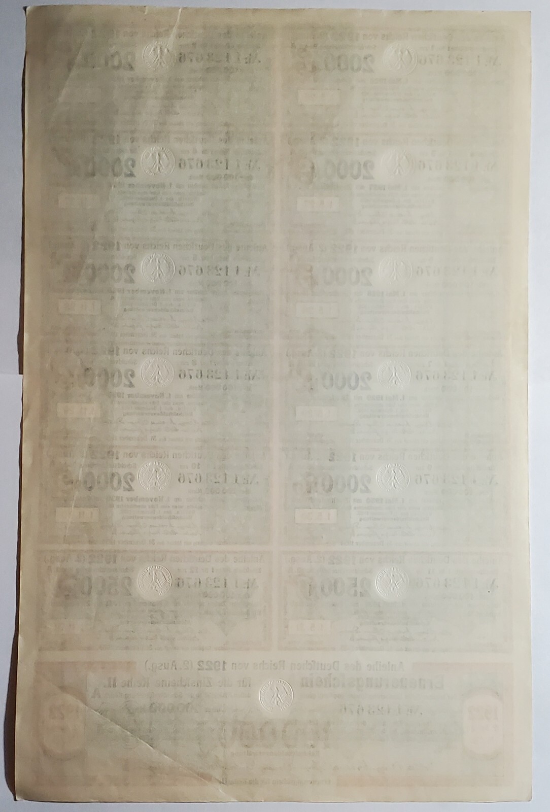 Germany 1922 100000 Mark Treasury Bond Coupons. Perfect For Framing!