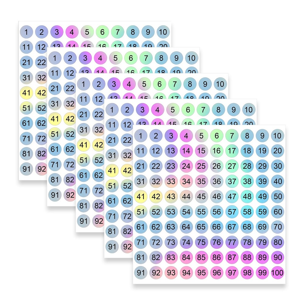 5 Sheets Round Reflective Numbered Sticker Small, Color Multicolor