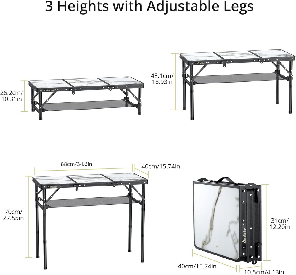 Folding Camping Table Aluminum Portable Picnic Table Adjustable Height
