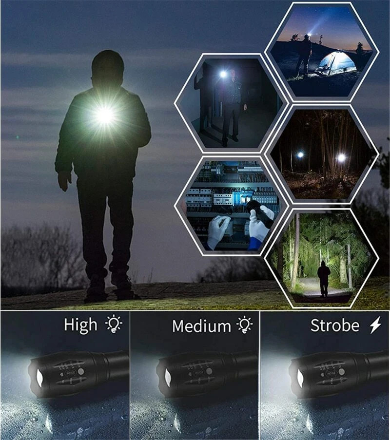 Super Bright Tactical LED Flashlight High Powered 5 Modes Zoomable Aluminum
