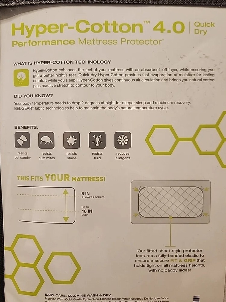 Bedgear Hyper-Cotton 4.0 Quick Dry Performance Full XL Mattress Protector