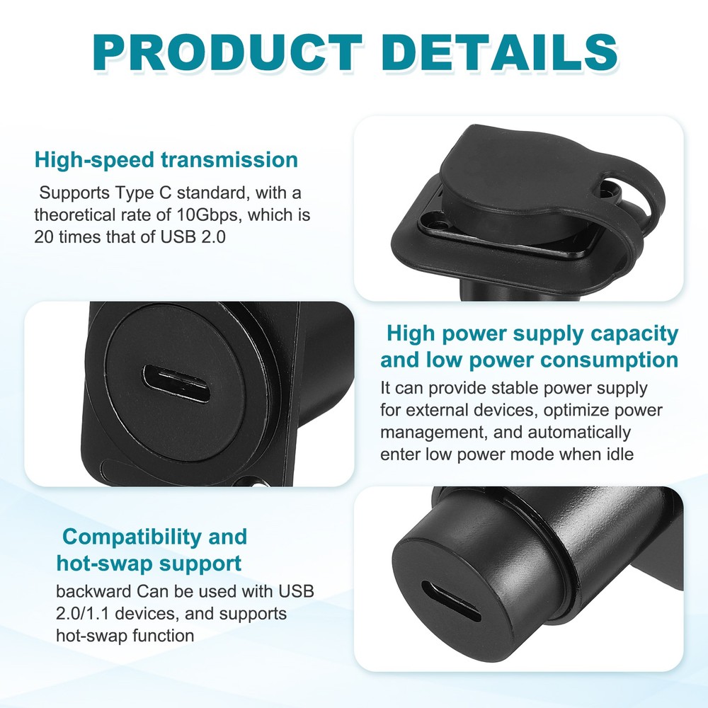 1Pcs Type C Panel Mount Coupler, D-Type USB C Pass Through 10Gbps Black