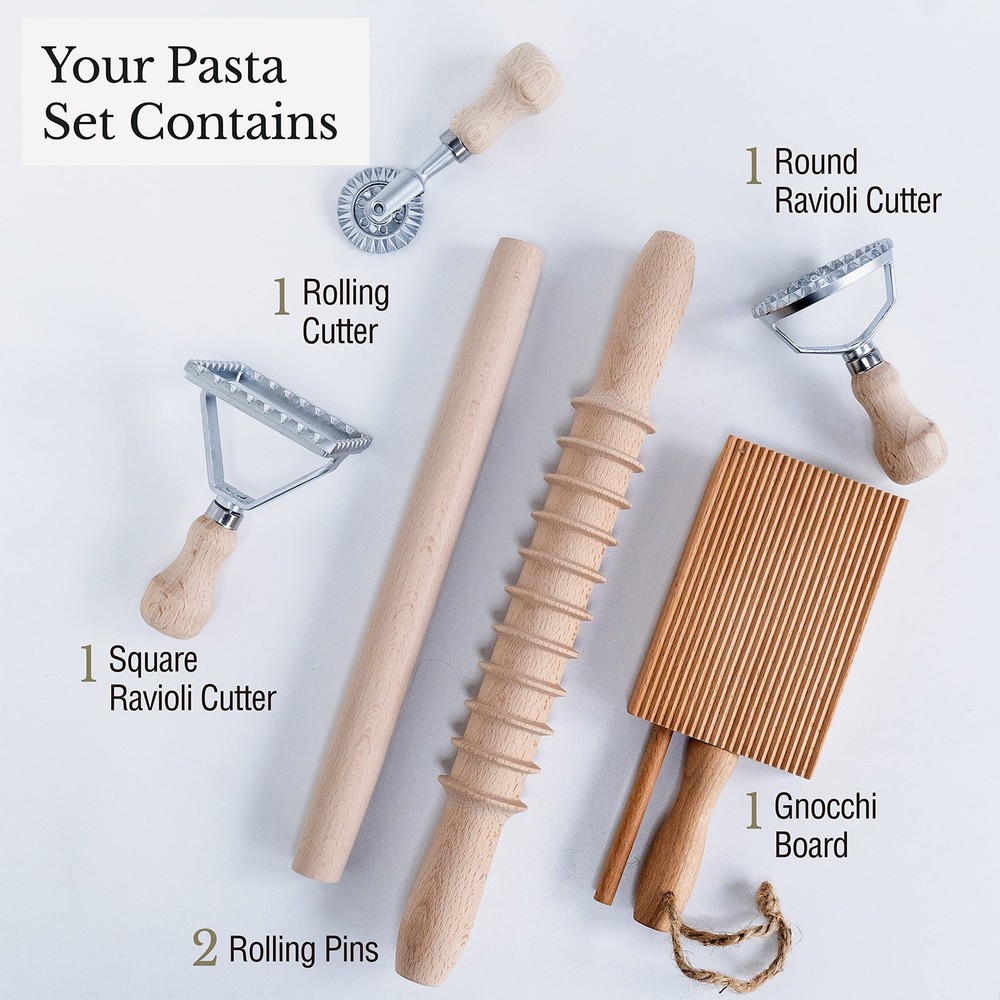 Complete 6 Pcs Pasta Making Tool Set Includes Two Ravioli Stamp Maker Cutter