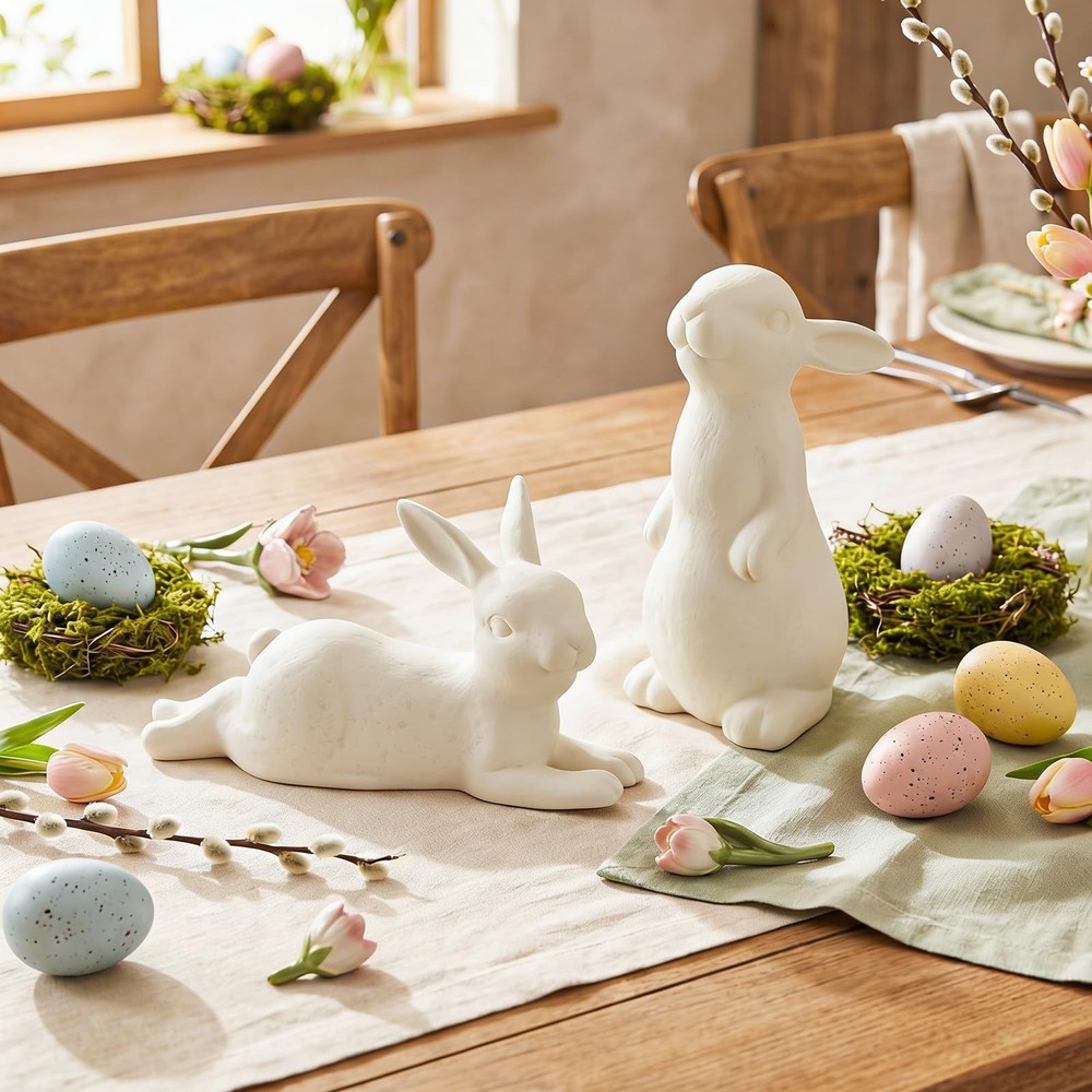 2 Pcs Easter Terracotta Bunny Figurines Decorations Rustic Rabbit Standing Bu...