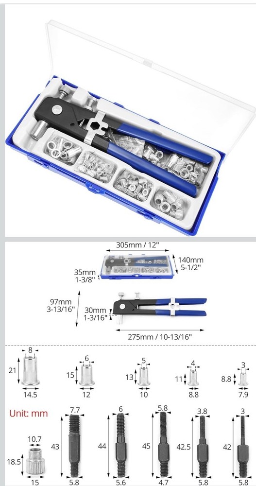 12” Rivet Nut Tool Kit 106 PCS Hand Nutsert Rivet Tool Set with Carry Case
