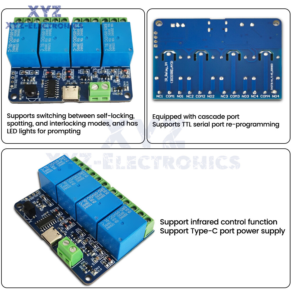 DC5V 4way Infrared Wireless Remote Control WiFi Relay Module Self-locking Type-C