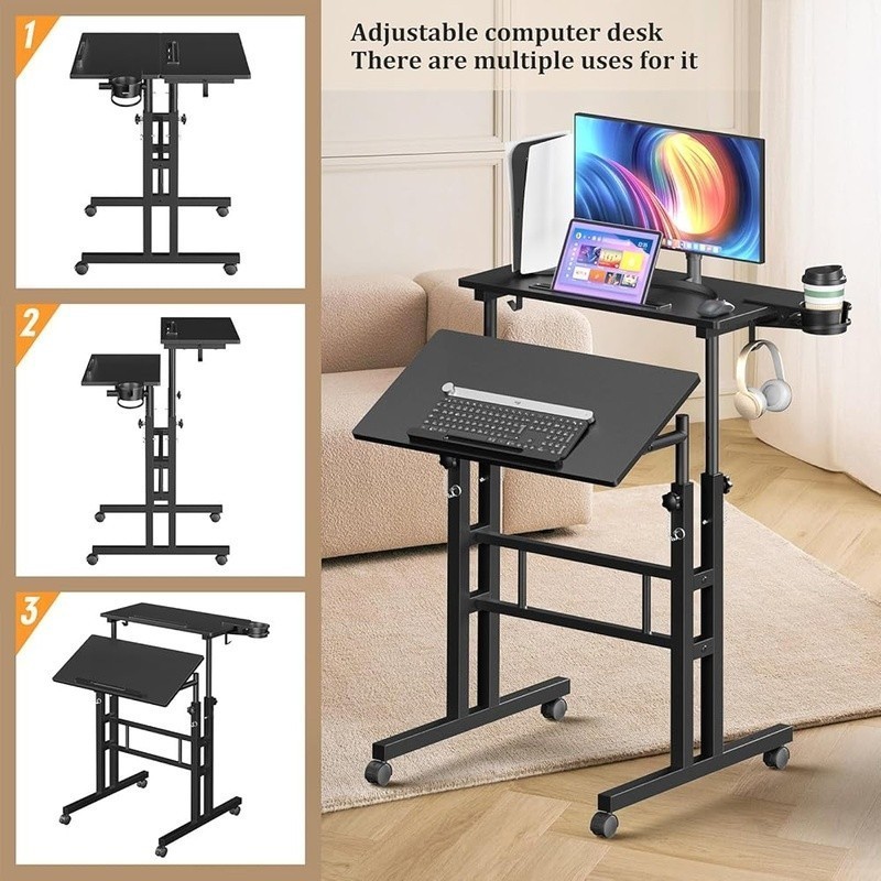 Small Standing Computer Desk W/ Wheels Mobile Stand Up Desk Portable Adjustable