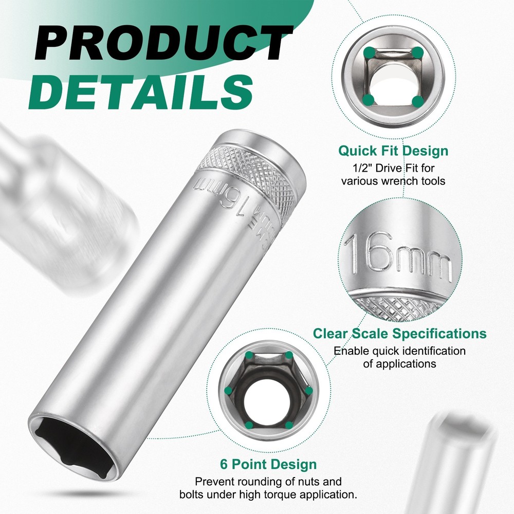 6 Points Deep Socket 1/2" Drive 16mm Nickel Plating Hex Socket 3.1" Long