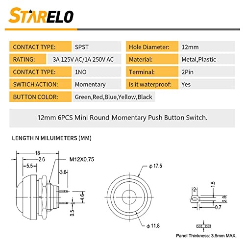 6PCS 12mm Momentary Push Button Switch Mini Round Waterproof SPST Switch Black
