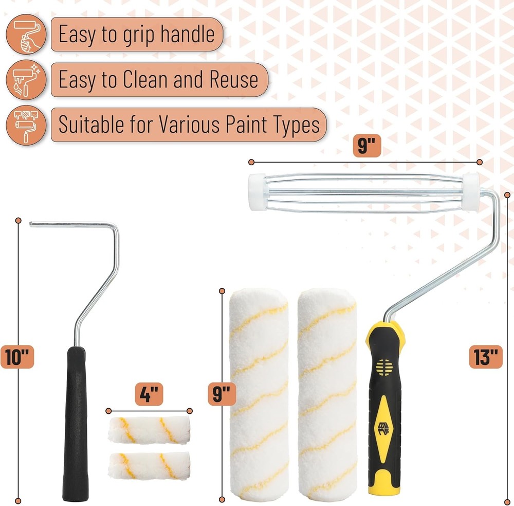 Paint Roller Kit, 9" and 4" Roller Frames with Covers, Plastic Paint Trays