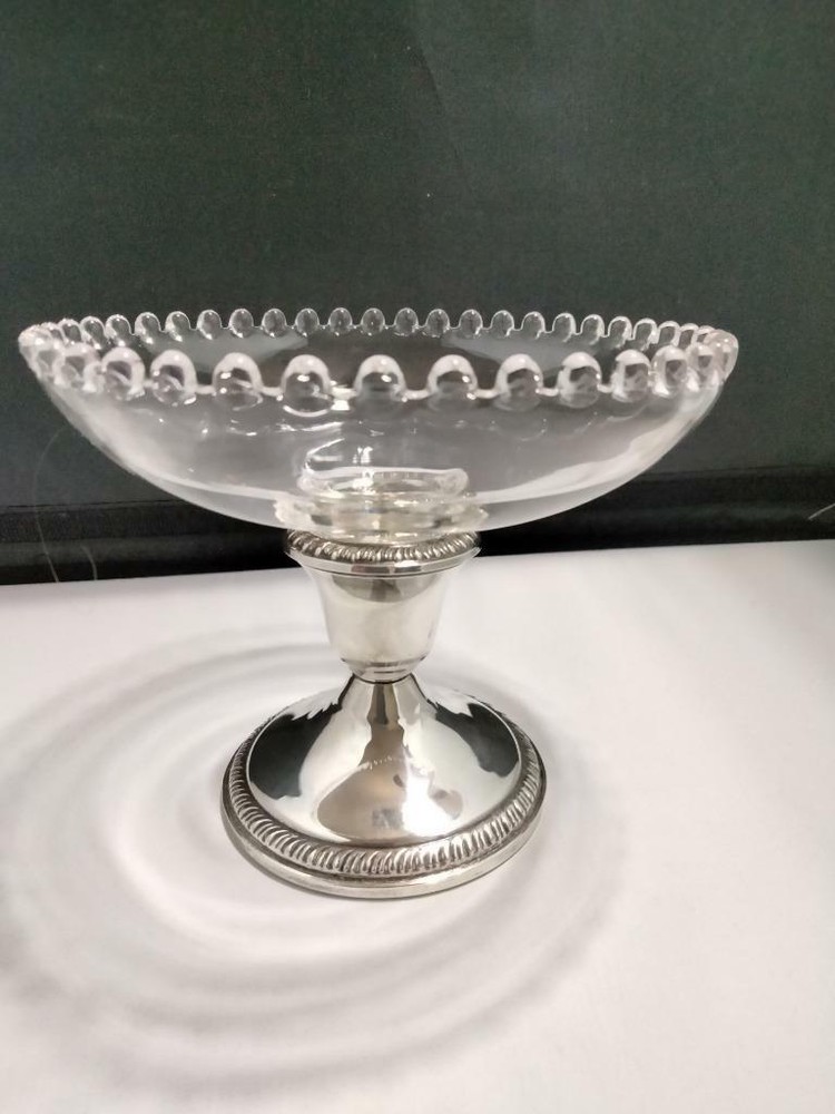 CROWN Sterling Silver Weighted Compote Silver Base Glass Dish Nubby Edge *NOTES*