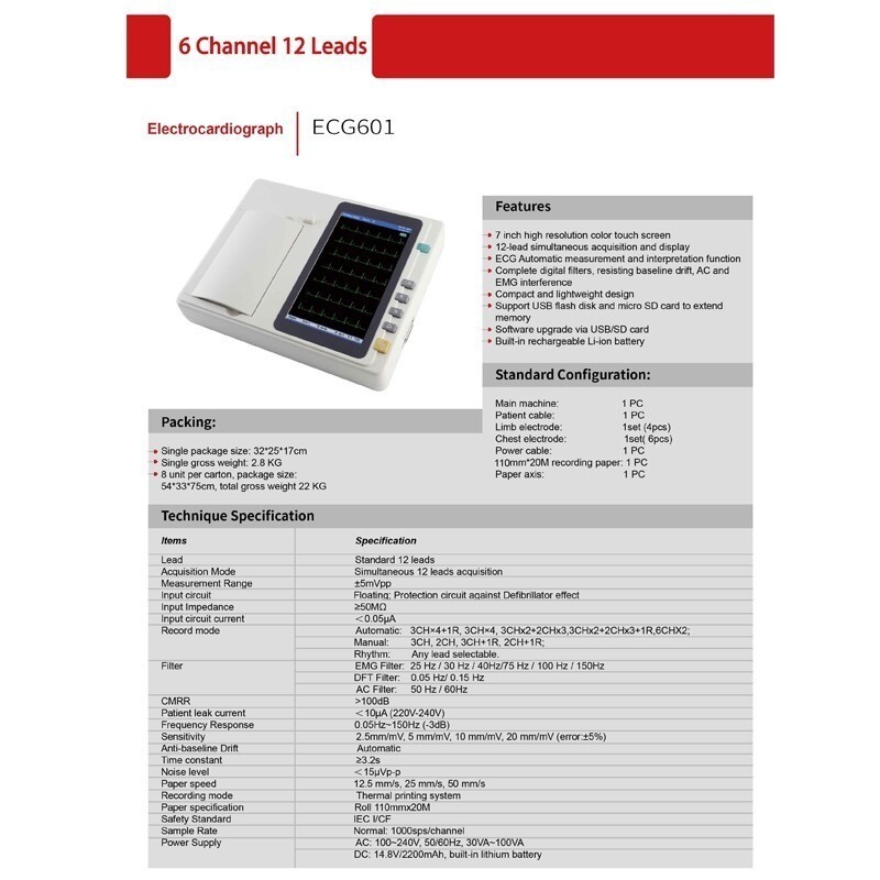 6-Channel 12-Lead Digital ECG Machine w/ Touch Screen & PC Software ECG 601