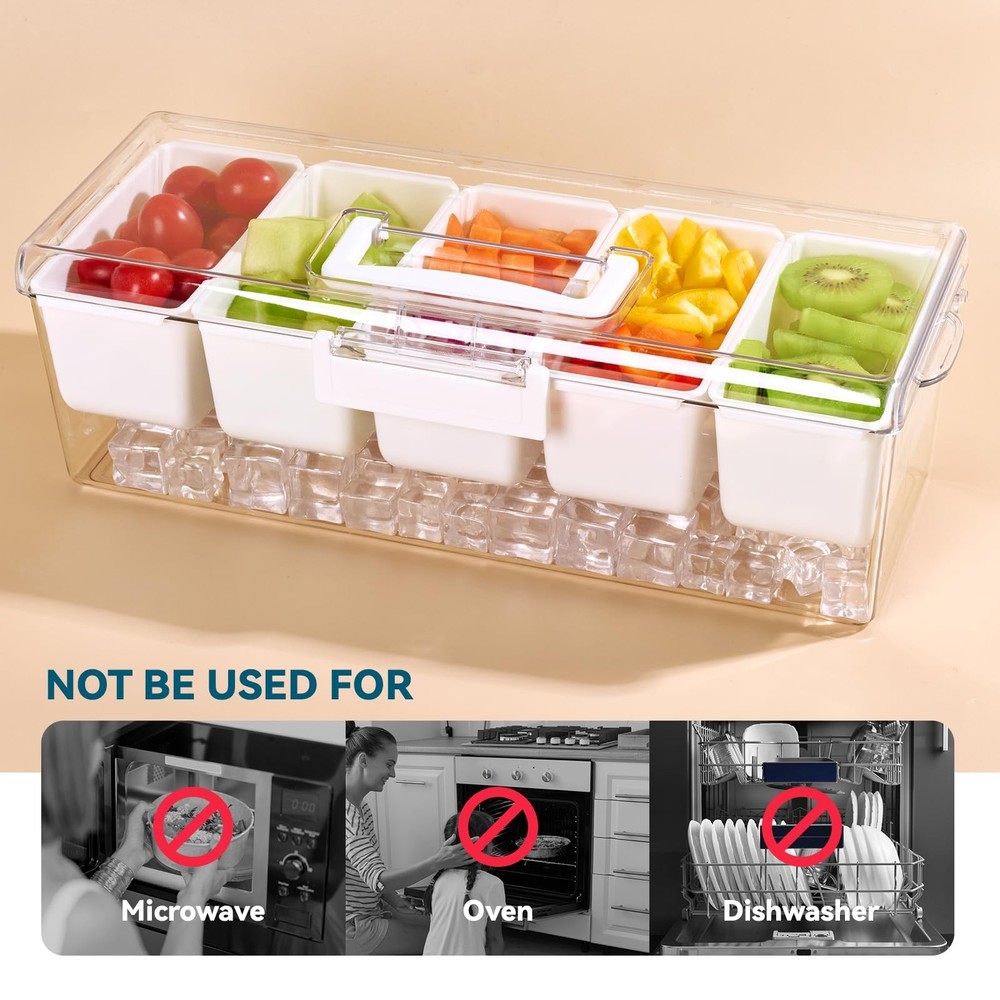 Luckore Chilled Condiment Caddy Server with 5 Removable 1 Pack, Clear, White