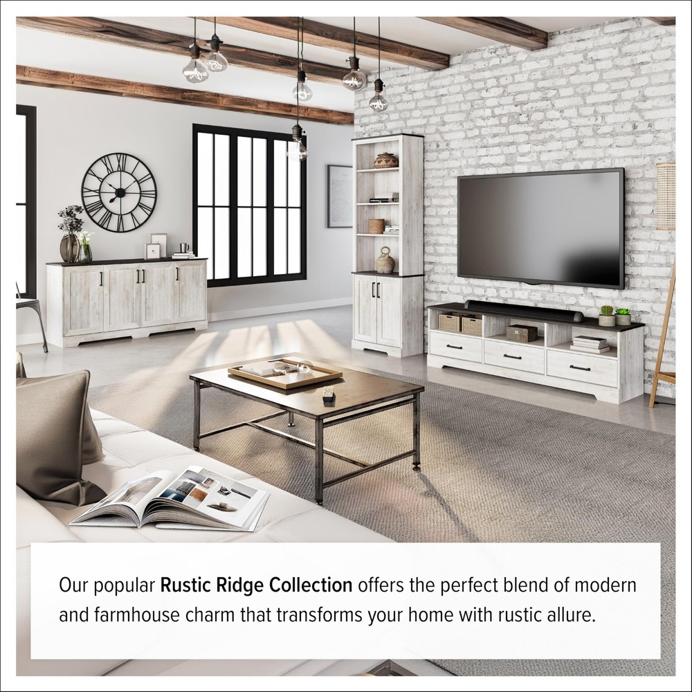 Rustic Ridge 4 Door Console Table with Storage, Washed White Storage Cabinet ...