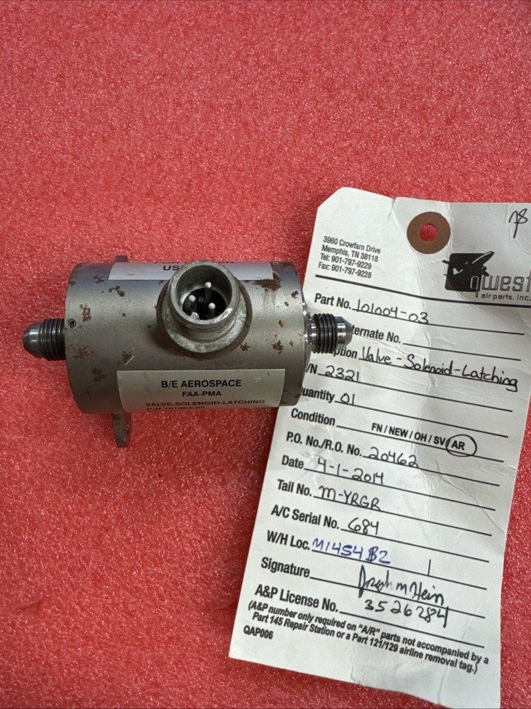 B/E Aerospace Valve Solenoid Latching, PN: 101004-03     bin18