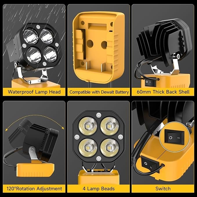 6000LM Flashlight 40W LED Work Light Compatible with Dewalt 20V Battery 2 Packs