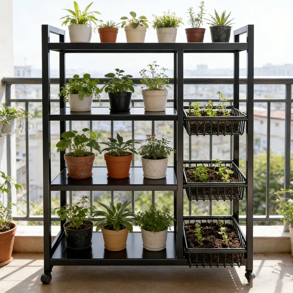 4‑Layer Adjustable Storage Rack with 3 Baskets on Wheels Portable Organizer