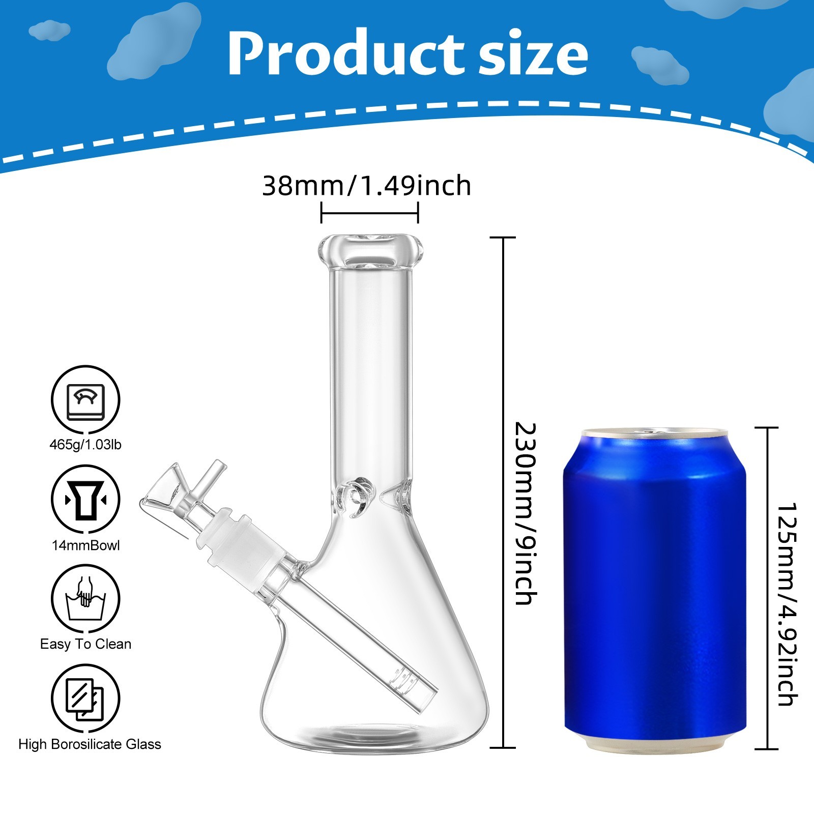 9 inch Glass Bong Heavy Duty Glass Bong Beaker Water Pipe with Screen 14mm Bowl