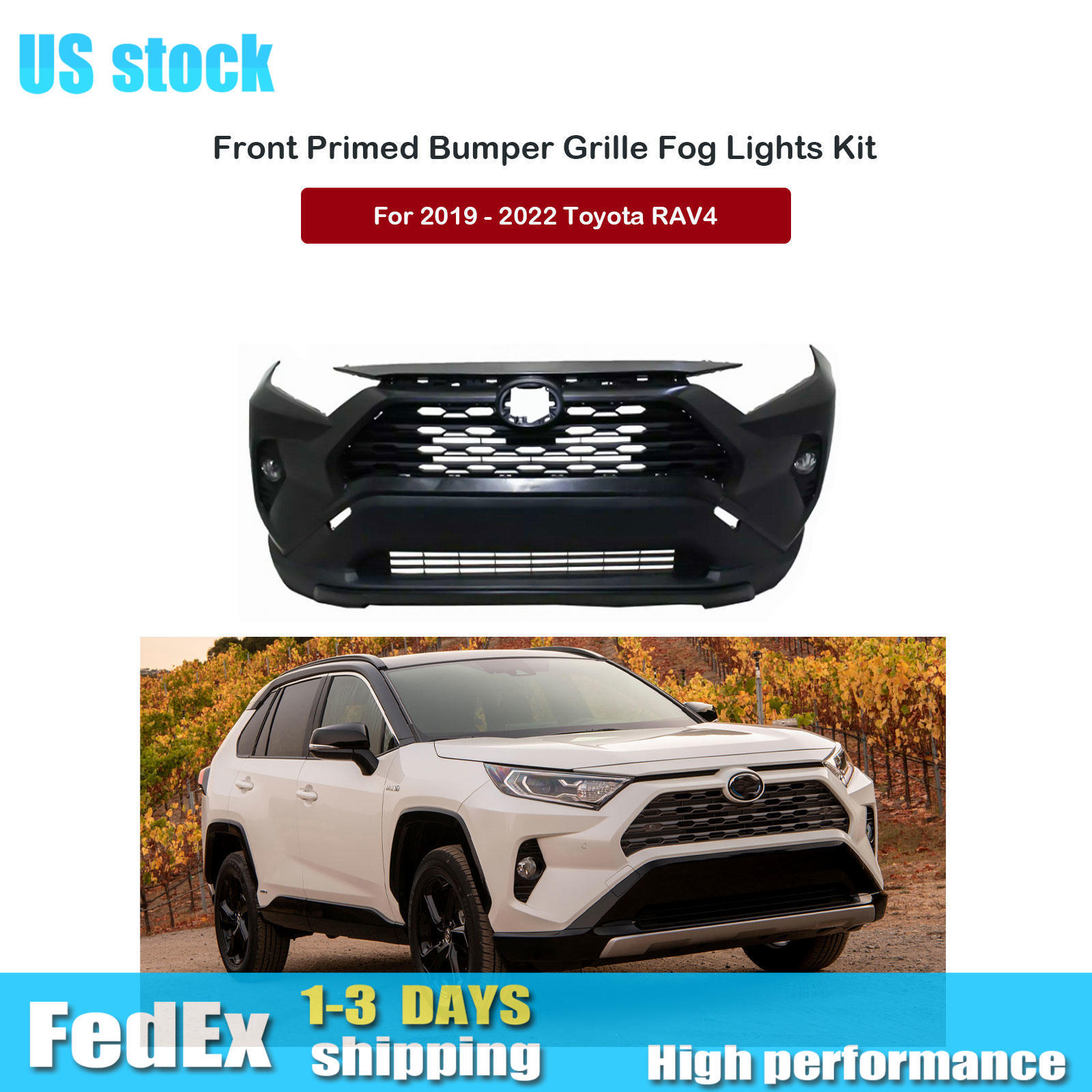 Complete Front Bumper Grille with Fog Lights Kit For 2019 - 2022 Toyota RAV4