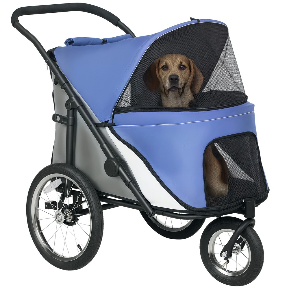 3 Wheels Dog Stroller w/ One-Hand Fold, Rubber Wheels, Blue