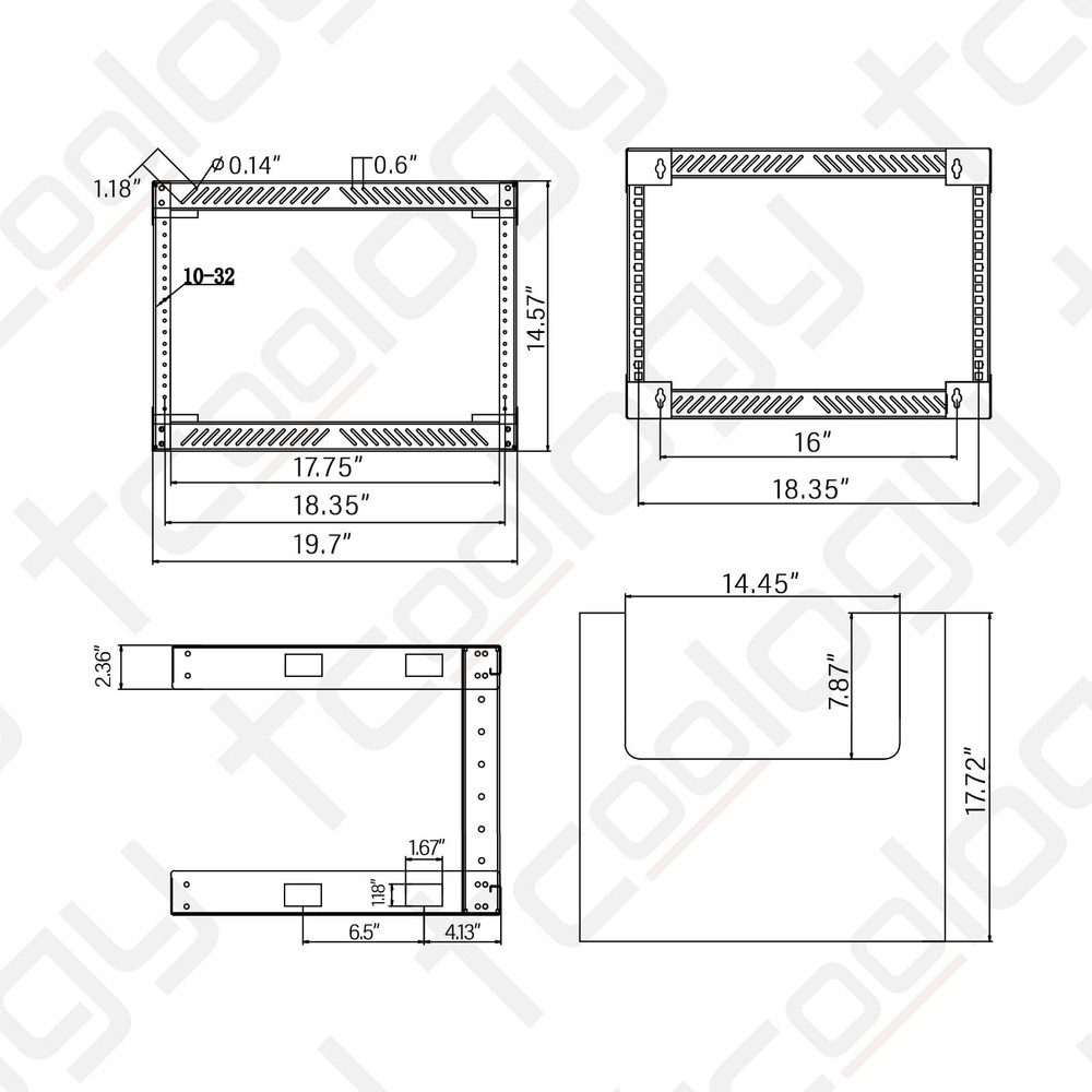 TCoology 6U Wall Mount Open Frame 19'' Server Rack Threaded 17.5 Inch Depth