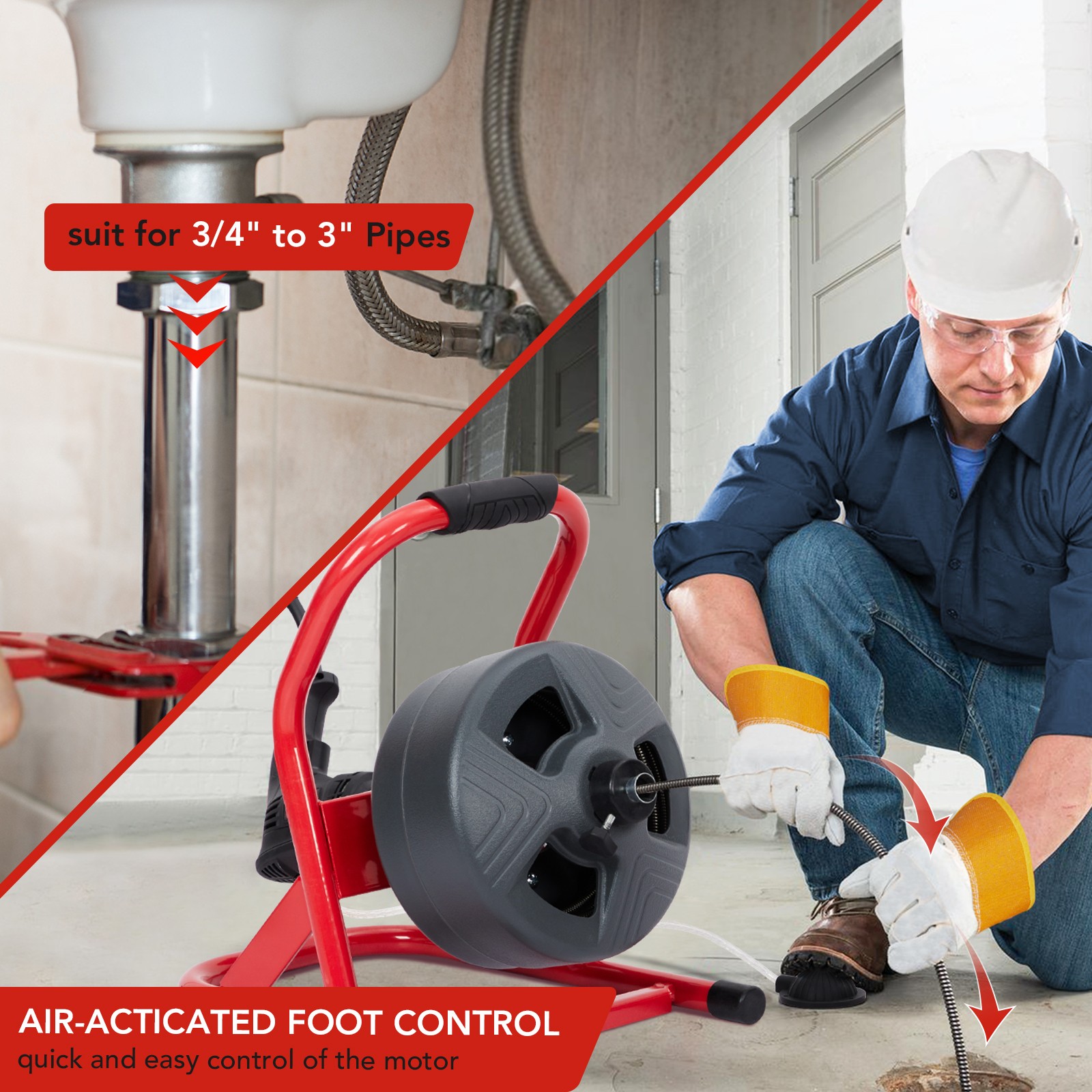 50Ft x 5/16" Drain Cleaner Machine Drain Auger Sewer Snake Plumbing with Cutters