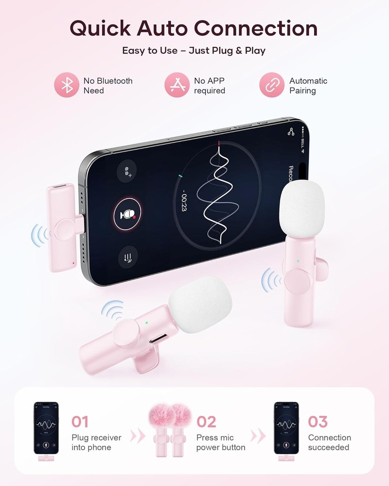 Wireless Microphone for iPhone iPad and Android Phone, 2 Pack Wireless Lavalier