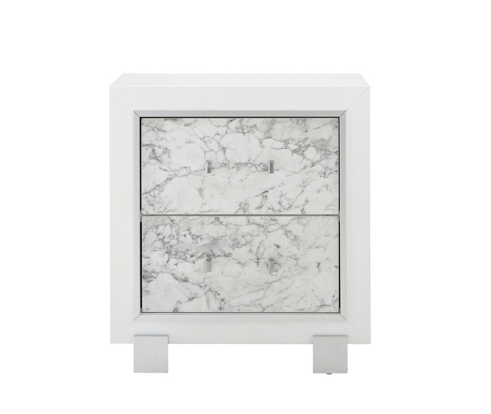 White Marble Nightstand Modern, 2 Spacious Drawers, Solid Wood + MDF​