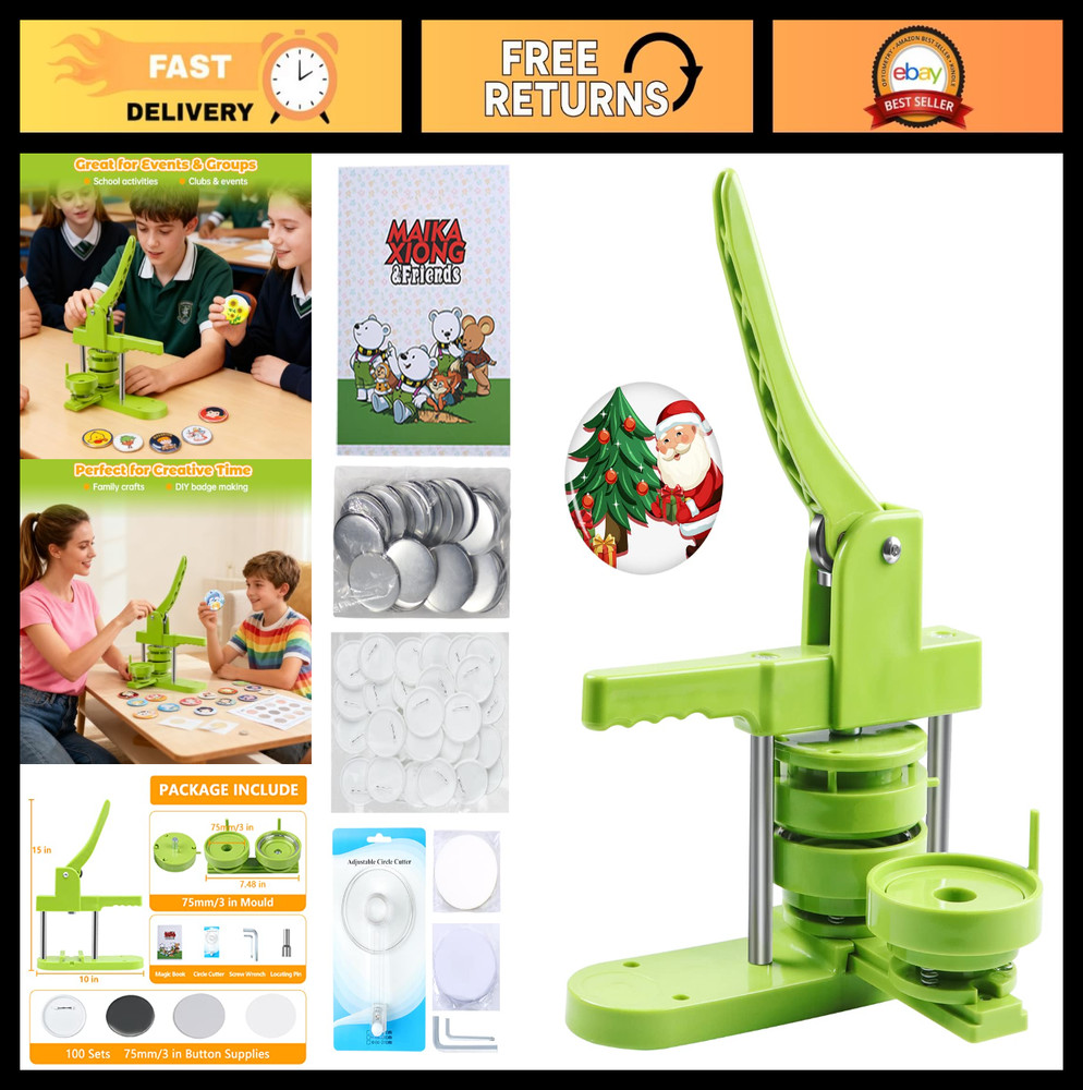 DIY Button Maker Machine 75mm - Easy Install, 100 Sets Supplies & Circle Cutter