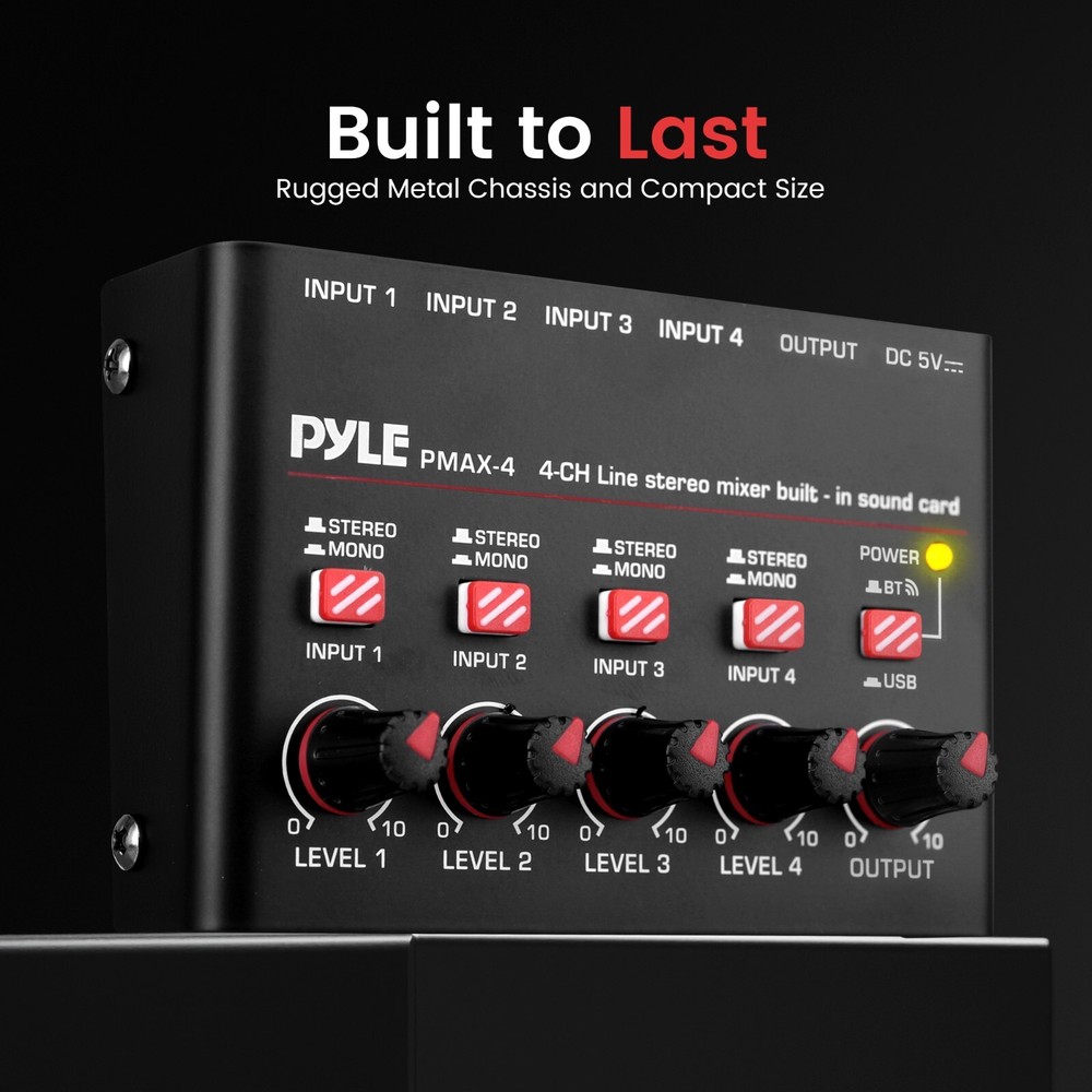 Pyle 4-Channel Wireless BT Streaming Mini Line Mixer w/ USB Audio Interface